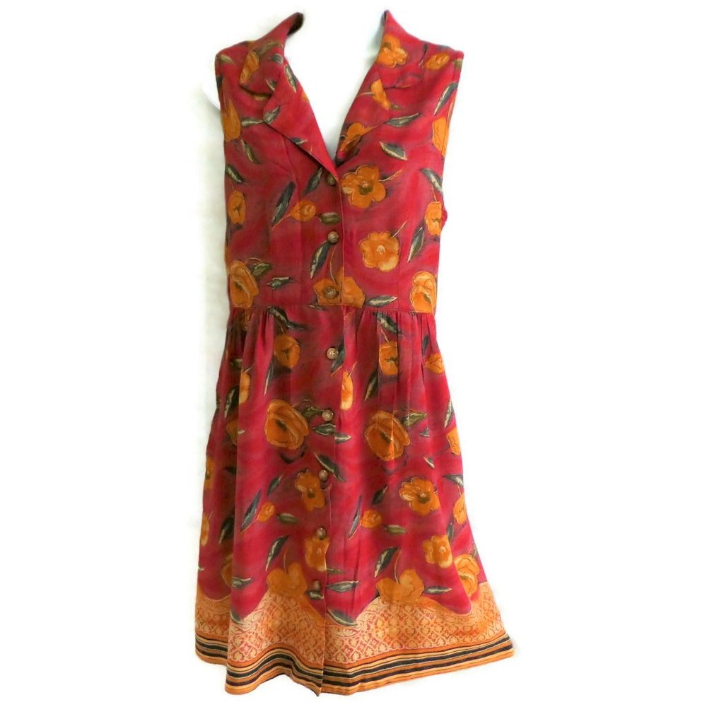 Vintage 70s Cascais Dress Border Floral Button Front Retro Pockets Silky Rayon L
